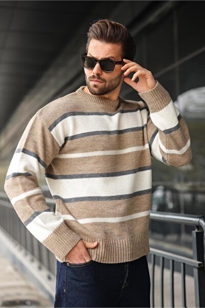 Madmext Mink Striped Crew Neck Knitwear Men's Sweater E7455
