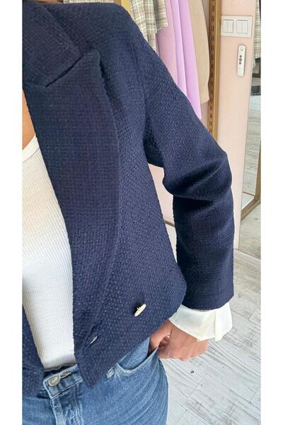 HANER BUTİK Navy Blue Cuff Sleeve Tweed Jacket