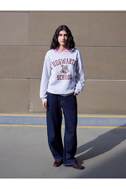 LC Waikiki Γκρι χοντρό γυναικείο φούτερ Harry Potter με τύπωμα oversized