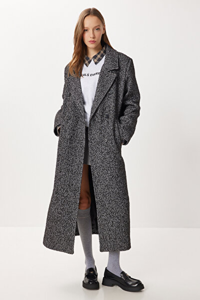 Lovelyİstanbul Oversized Herringbone Cashmere Coat Lfn0134 Black Gray