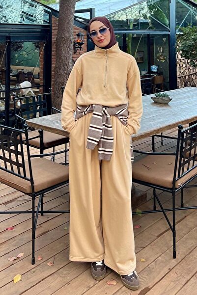 Ceylan Otantik Beige 3 Thread Half Zipper Tracksuit Set