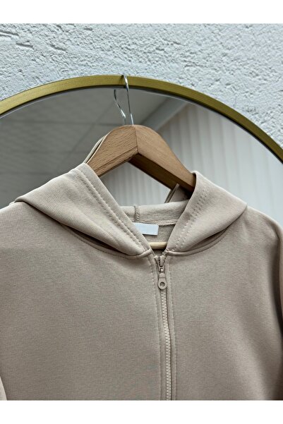 MİHRA STORE Celinda Three-Thread Zippered Hooded Cardigan-Zi̇3055 Stone