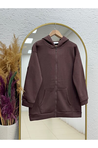 MİHRA STORE Celinda Three Thread Zippered Hooded Cardigan-Zi̇3055 Brown