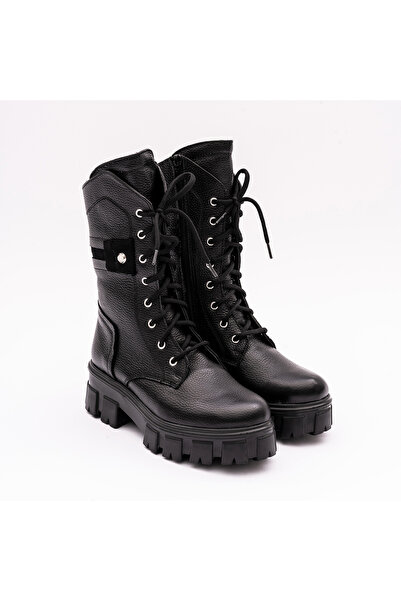 VAGAM Черни ботуши от естествена кожа с дебела подметка