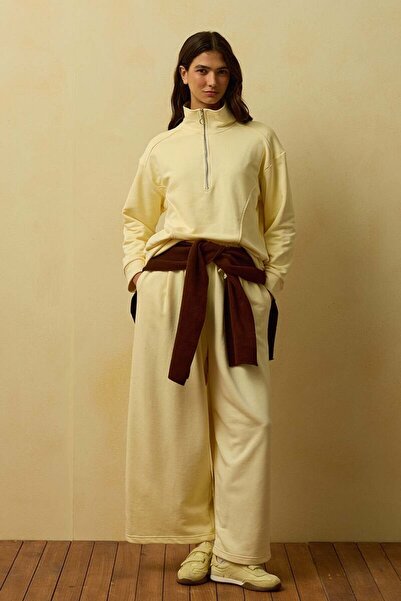 Ceylan Otantik Butter Yellow 3 Thread Half Zipper Tracksuit Set
