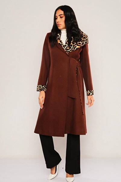 Lila Rose Leopar Astarlı Şık Kaşe Kaban