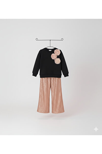 Çikoby Kız Çocuk Parlak Pullu Pantolon Tül Çiçek Detaylı Bluz İkili Takım