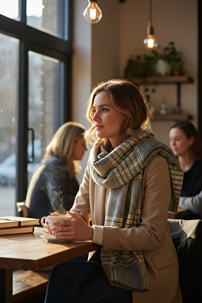 AQUABERRY Μαλακό καρό χειμωνιάτικο κασκόλ Premium - Κίτρινο