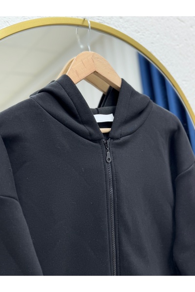 MİHRA STORE Celinda Three Thread Zippered Hooded Cardigan-Zi̇3055 Black