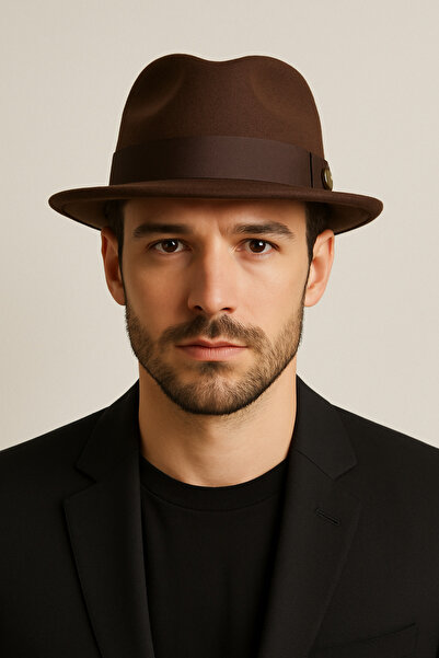 CosmoOutlet Men's Brown Felt Material, Classic Model with Stripes, Adjustable Fedora Hat from the Inside