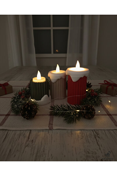 Arteneu 3D Baskı Kırmızı Yeşil Bej Yılbaşı LED Mumluk Seti Yeni Yıl Dekoru