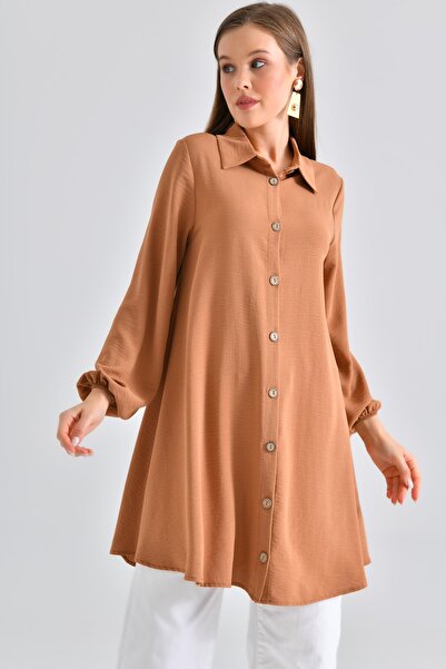 Saade Women's Shirt Collar Wooden Buttoned Collage Elastic Aerobin Woven Tunic - Regular Fit