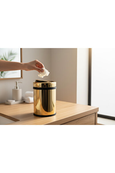 İSAOĞLU YAPI Gold Rotating Lid Trash Can 8 Liter Volume Practical Lid Steel Material