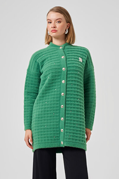 Nuss Stone and Brooch Detail Angora Cardigan 7010 Green