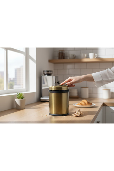 İSAOĞLU YAPI Antique Gold Rotating Lid Trash Can Practical Lid Antique Gold Bucket