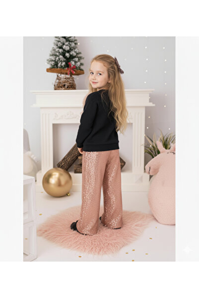 Çikoby Kız Çocuk Parlak Pullu Pantolon Tül Çiçek Detaylı Bluz İkili Takım