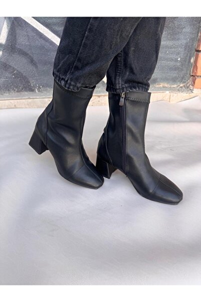 Saltopik Black Leather Square Toe Zippered Boots