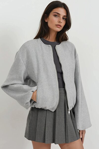 Hiccup Oversized Kaşe Bomber Jacket with Zipper