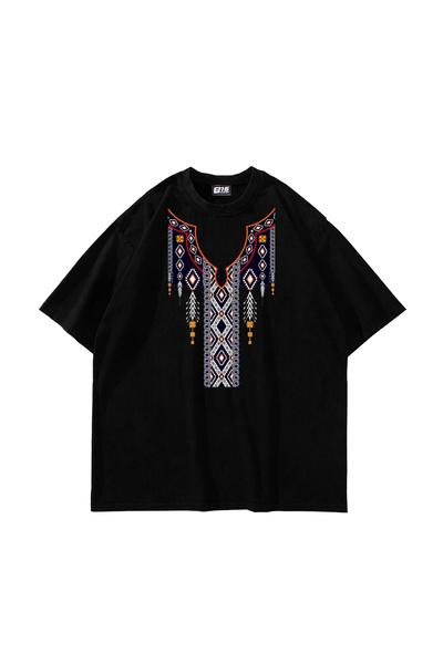 Bak Moda Ethnic Pattern με τύπωμα oversized Unisex Μαύρο μπλουζάκι