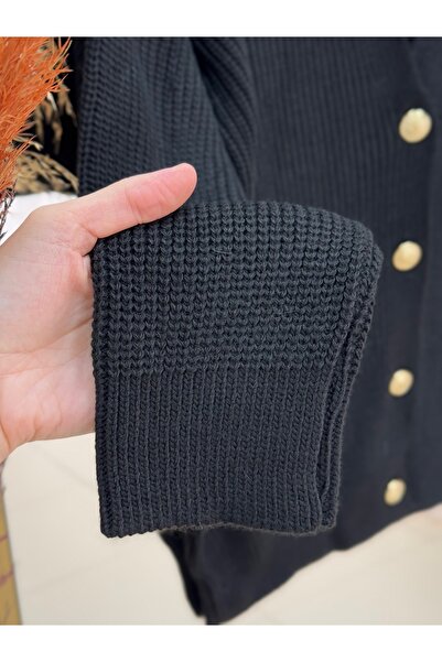 MİHRA STORE Fhina Corded Fabric 4 Gold Button Cardigan-Zi̇6202 Black