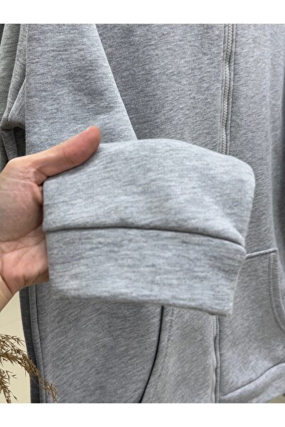 MİHRA STORE Celinda Three Thread Zippered Hooded Cardigan-Zi̇3055 Gray