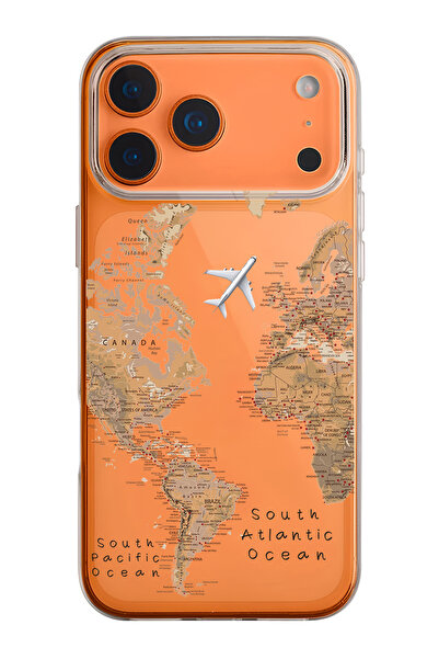 mooodcase iPhone 17 Pro Uyumlu Harita Desenli Şeffaf Silikon Telefon Kılıfı