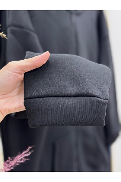 MİHRA STORE Celinda Three Thread Zippered Hooded Cardigan-Zi̇3055 Black