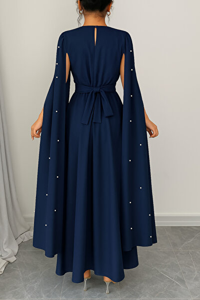 Deafox Φόρεμα από ύφασμα κρεπ με μανίκια μπλε ναυτικό με λεπτομέρεια με πέρλες και στρογγυλή λαιμόκοψη