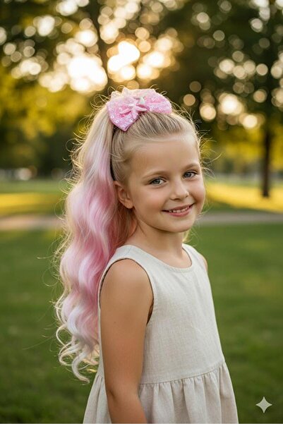 DODOMAR Peruk Saç Tokalı Uzun Deniz Kızı Modeli Pullu pembeli Çıtçıtlı Toka 38cm