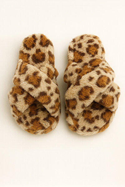 Beyond Women's Beige Leopard Cross-Strapped Furry House Slippers Byndcap01