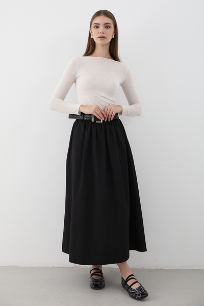 JASTE Γυναικεία Μαύρη Ζώνη λεπτομέρεια με σούρες Μάξι Φούστα