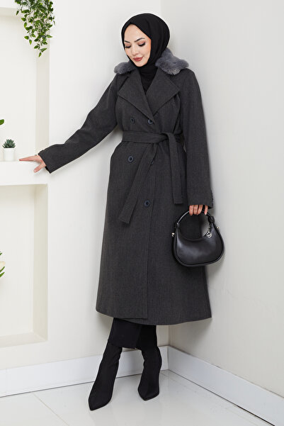 Pamuk Butik Women's Fur Detailed Double-Breasted Collar Belted Cashmere Coat