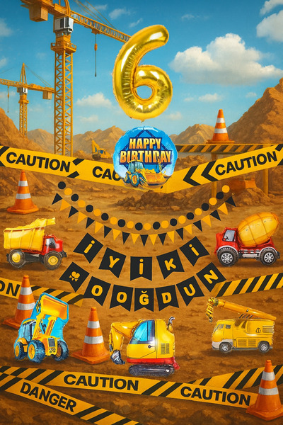 İthal İnşaat Temalı 6 YAŞ Doğum Günü Parti Seti, BÜYÜK BOY 8 ADET Doğum Günü ...