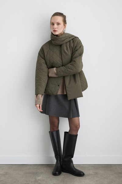 Gusto Quilted Coat with Scarf - Khaki