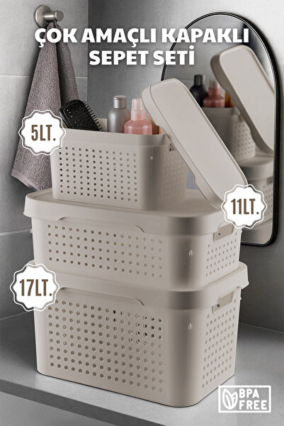 Nandy Home Çok Amaçlı, Kapaklı Sepet Seti - Düzenleyici Saklama Kutusu Seti 5...