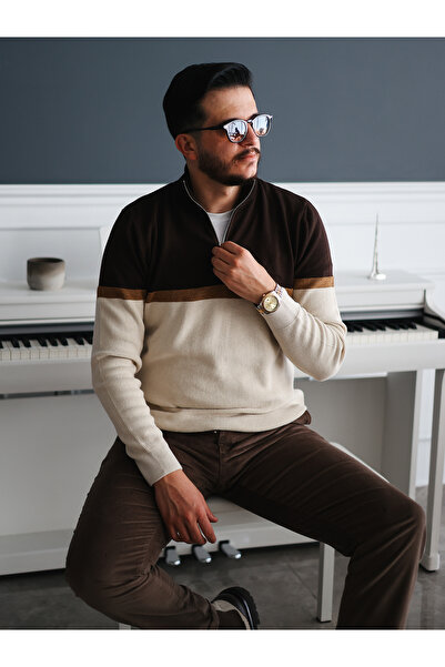 Avni Ceylan Color Block Half Zipper Men's Knitwear Sweater