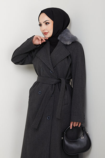 Pamuk Butik Women's Fur Detailed Double-Breasted Collar Belted Cashmere Coat