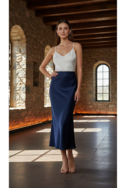 Eight Fashion Women's Navy Blue Satin Long Skirt