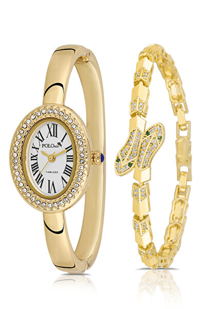 Polo Air ساعة يد نسائية بأرقام رومانية مع مشبك وسوار على شكل ثعبان، لون ذهبي ...