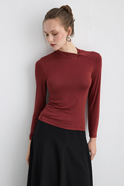 Gusto Viscose Lycra Blouse with Knotted Collar - Tile