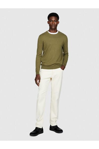 Sisley Koton Mixed Fabric Crew Neck Sweater Men's Khaki Sweater - 323A10F2S1C78