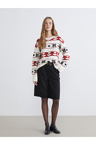 LC Waikiki Xside Ecru Crew Neck Patterned Women's Knitwear Sweater