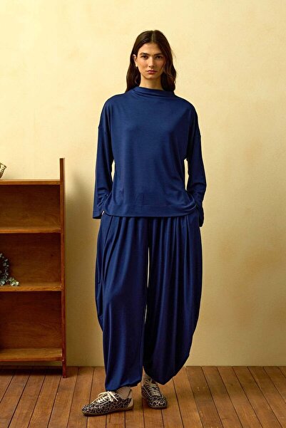 Ceylan Otantik Navy Blue Straight Collar Shalwar Pants Set