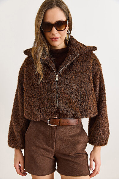 Olalook Women's Bitter Brown Lined Faux Fur Coat with Zipper Pockets Kbn-19000025