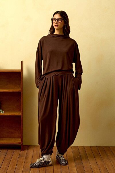 Ceylan Otantik Bitter Brown Straight Collar Shalwar Pants Set