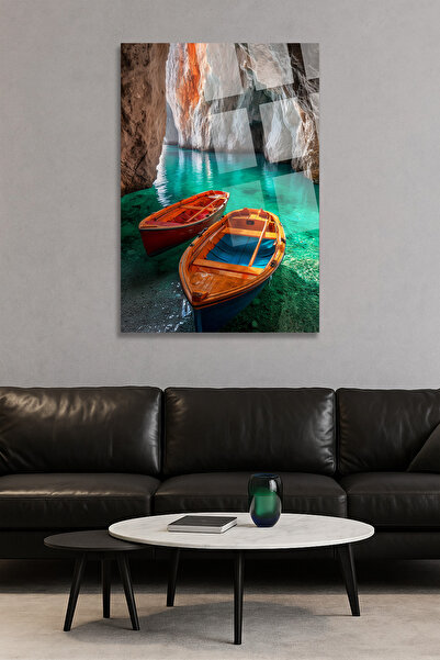 TAULART Natural Cave and Kayak Landscape Glass Painting – Turquoise Water & Wood Sandal Detailed Decorative Unbreakable Glass