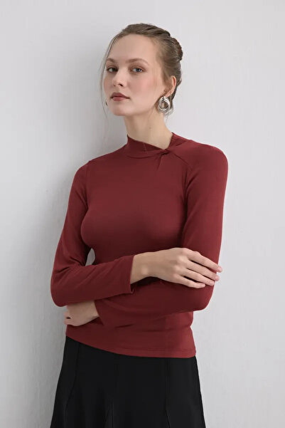 Gusto Viscose Lycra Blouse with Knotted Collar - Tile