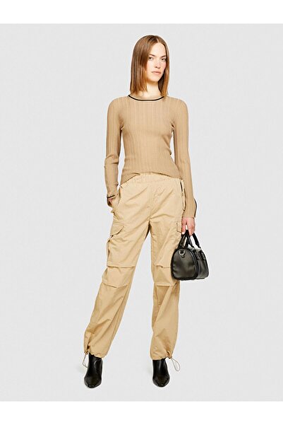 Sisley Elastic Waist Patch Pocket Drawstring Cuffs Trousers Women's Beige Pants - 324P4Jqjlf04R