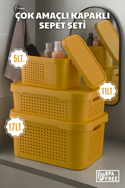 Nandy Home Çok Amaçlı, Kapaklı Sepet Seti - Düzenleyici Saklama Kutusu Seti 5...