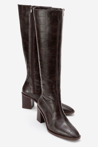 LuviShoes Γυναικείες μπότες με χοντρό τακούνι VENIA Brown Print